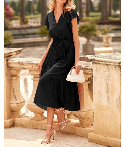 BTFBM Women Summer Bohemian Floral Casual Wrap V Neck Ruffle Cap Sleeveless Belt A-Line Pleated Hem Midi Sun Dress White
