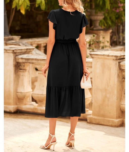 BTFBM Women Summer Bohemian Floral Casual Wrap V Neck Ruffle Cap Sleeveless Belt A-Line Pleated Hem Midi Sun Dress White