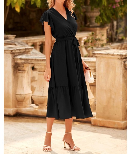BTFBM Women Summer Bohemian Floral Casual Wrap V Neck Ruffle Cap Sleeveless Belt A-Line Pleated Hem Midi Sun Dress White