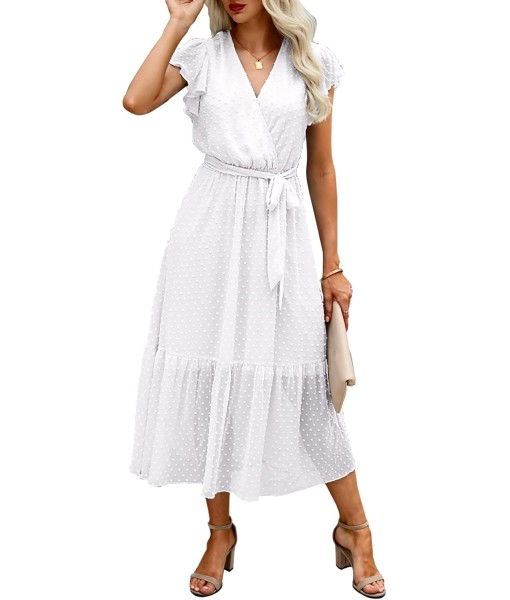 BTFBM Women Summer Bohemian Floral Casual Wrap V Neck Ruffle Cap Sleeveless Belt A-Line Pleated Hem Midi Sun Dress White