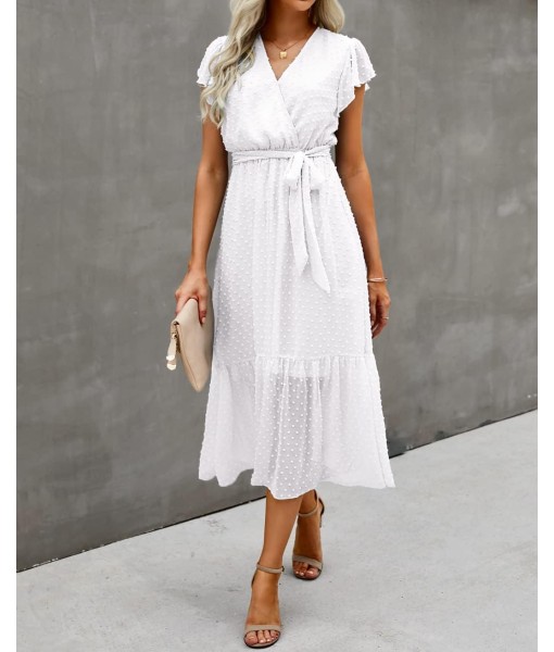 BTFBM Women Summer Bohemian Floral Casual Wrap V Neck Ruffle Cap Sleeveless Belt A-Line Pleated Hem Midi Sun Dress White