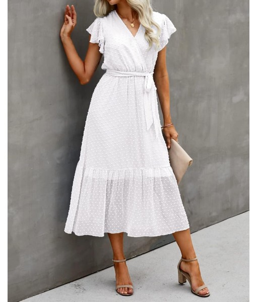 BTFBM Women Summer Bohemian Floral Casual Wrap V Neck Ruffle Cap Sleeveless Belt A-Line Pleated Hem Midi Sun Dress White