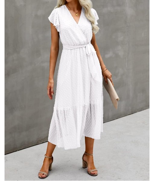 BTFBM Women Summer Bohemian Floral Casual Wrap V Neck Ruffle Cap Sleeveless Belt A-Line Pleated Hem Midi Sun Dress White