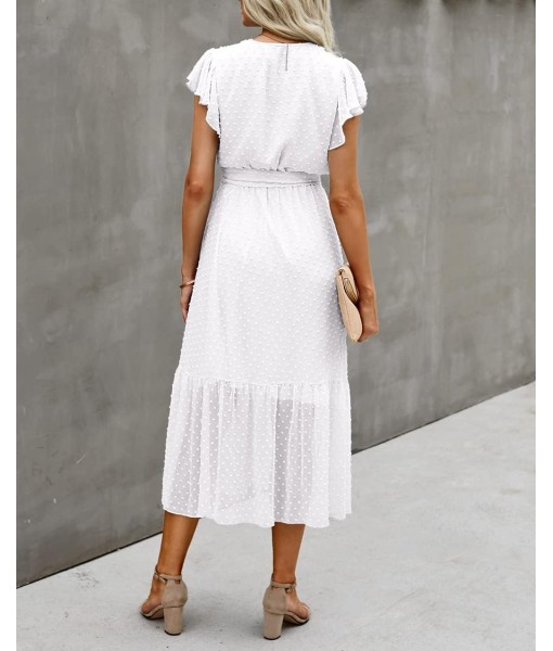 BTFBM Women Summer Bohemian Floral Casual Wrap V Neck Ruffle Cap Sleeveless Belt A-Line Pleated Hem Midi Sun Dress White