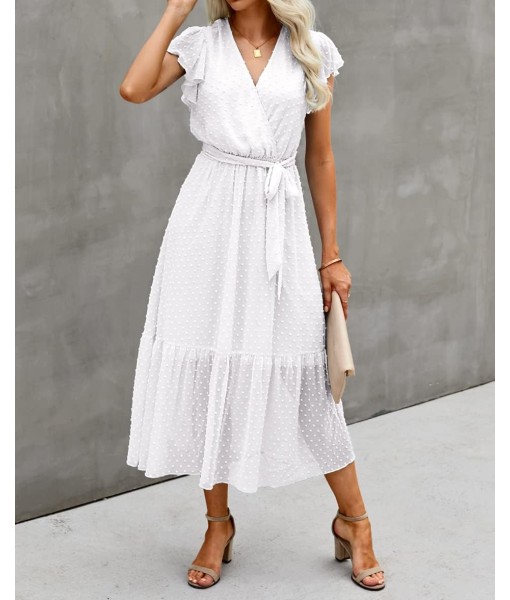 BTFBM Women Summer Bohemian Floral Casual Wrap V Neck Ruffle Cap Sleeveless Belt A-Line Pleated Hem Midi Sun Dress White
