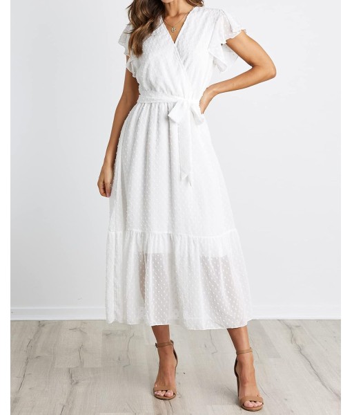 BTFBM Women Summer Bohemian Floral Casual Wrap V Neck Ruffle Cap Sleeveless Belt A-Line Pleated Hem Midi Sun Dress White