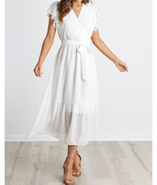 BTFBM Women Summer Bohemian Floral Casual Wrap V Neck Ruffle Cap Sleeveless Belt A-Line Pleated Hem Midi Sun Dress White