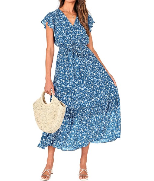 BTFBM Women Summer Bohemian Floral Casual Wrap V Neck Ruffle Cap Sleeveless Belt A-Line Pleated Hem Midi Sun Dress White
