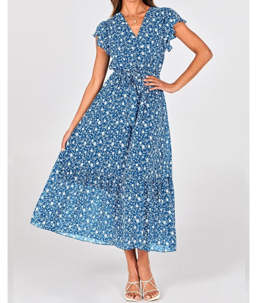 BTFBM Women Summer Bohemian Floral Casual Wrap V Neck Ruffle Cap Sleeveless Belt A-Line Pleated Hem Midi Sun Dress White
