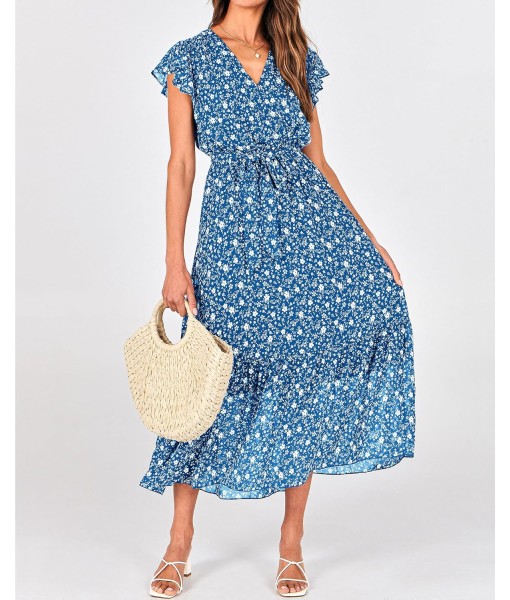 BTFBM Women Summer Bohemian Floral Casual Wrap V Neck Ruffle Cap Sleeveless Belt A-Line Pleated Hem Midi Sun Dress White