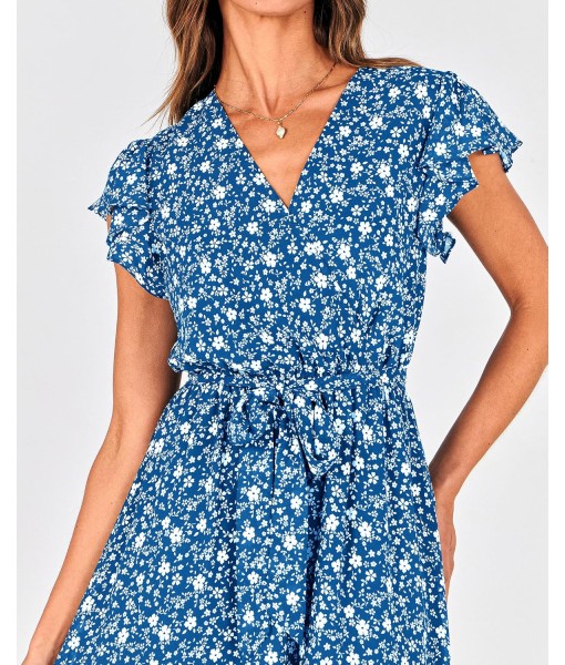 BTFBM Women Summer Bohemian Floral Casual Wrap V Neck Ruffle Cap Sleeveless Belt A-Line Pleated Hem Midi Sun Dress White