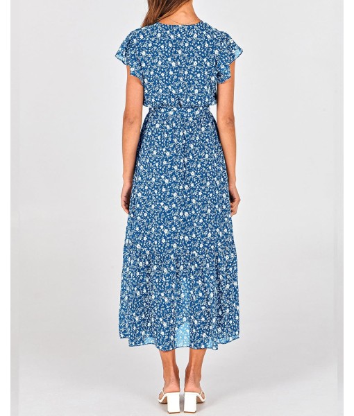 BTFBM Women Summer Bohemian Floral Casual Wrap V Neck Ruffle Cap Sleeveless Belt A-Line Pleated Hem Midi Sun Dress White