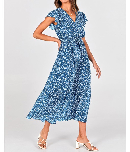 BTFBM Women Summer Bohemian Floral Casual Wrap V Neck Ruffle Cap Sleeveless Belt A-Line Pleated Hem Midi Sun Dress White
