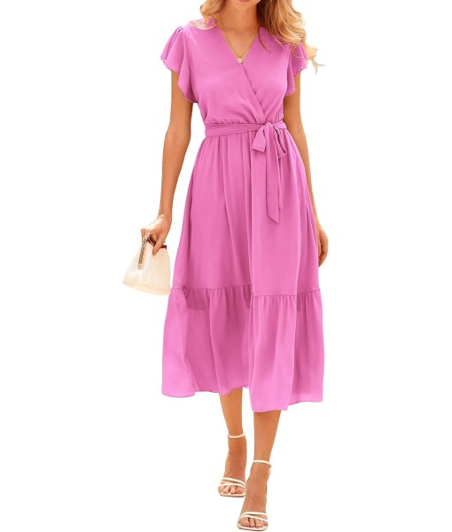 BTFBM Women Summer Bohemian Floral Casual Wrap V Neck Ruffle Cap Sleeveless Belt A-Line Pleated Hem Midi Sun Dress White