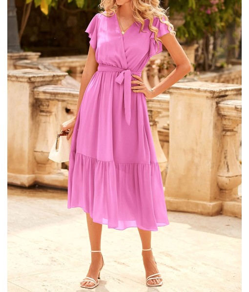 BTFBM Women Summer Bohemian Floral Casual Wrap V Neck Ruffle Cap Sleeveless Belt A-Line Pleated Hem Midi Sun Dress White