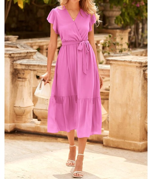 BTFBM Women Summer Bohemian Floral Casual Wrap V Neck Ruffle Cap Sleeveless Belt A-Line Pleated Hem Midi Sun Dress White