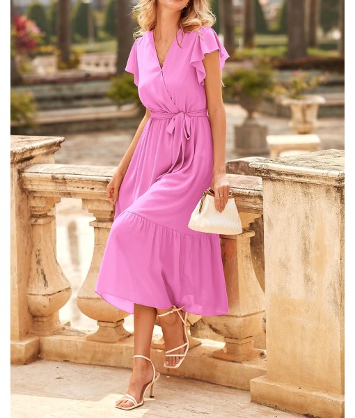BTFBM Women Summer Bohemian Floral Casual Wrap V Neck Ruffle Cap Sleeveless Belt A-Line Pleated Hem Midi Sun Dress White