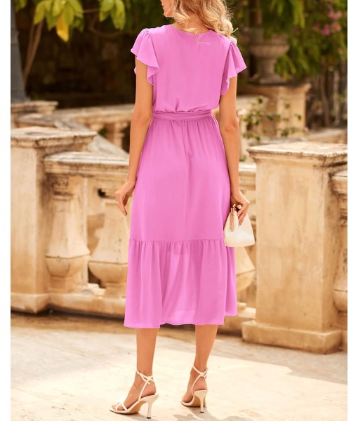 BTFBM Women Summer Bohemian Floral Casual Wrap V Neck Ruffle Cap Sleeveless Belt A-Line Pleated Hem Midi Sun Dress White
