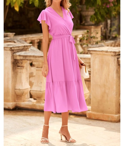 BTFBM Women Summer Bohemian Floral Casual Wrap V Neck Ruffle Cap Sleeveless Belt A-Line Pleated Hem Midi Sun Dress White