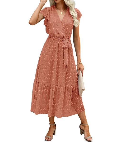 BTFBM Women Summer Bohemian Floral Casual Wrap V Neck Ruffle Cap Sleeveless Belt A-Line Pleated Hem Midi Sun Dress White