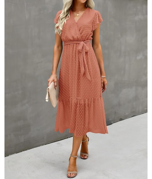 BTFBM Women Summer Bohemian Floral Casual Wrap V Neck Ruffle Cap Sleeveless Belt A-Line Pleated Hem Midi Sun Dress White