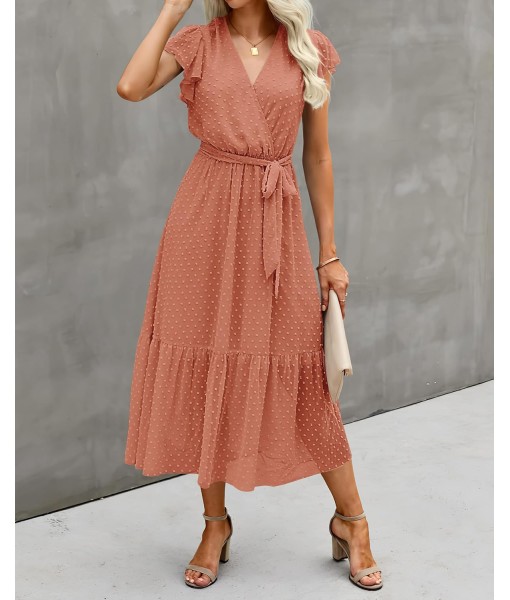 BTFBM Women Summer Bohemian Floral Casual Wrap V Neck Ruffle Cap Sleeveless Belt A-Line Pleated Hem Midi Sun Dress White