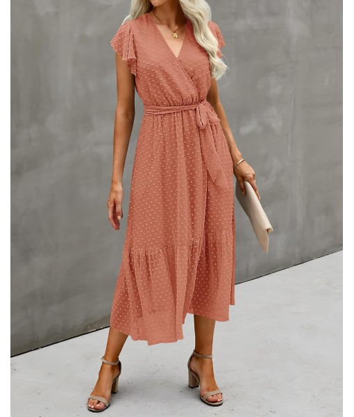 BTFBM Women Summer Bohemian Floral Casual Wrap V Neck Ruffle Cap Sleeveless Belt A-Line Pleated Hem Midi Sun Dress White