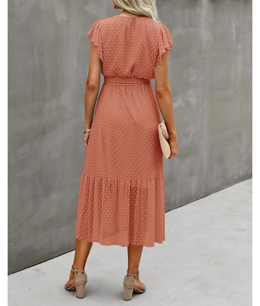 BTFBM Women Summer Bohemian Floral Casual Wrap V Neck Ruffle Cap Sleeveless Belt A-Line Pleated Hem Midi Sun Dress White