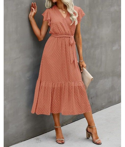 BTFBM Women Summer Bohemian Floral Casual Wrap V Neck Ruffle Cap Sleeveless Belt A-Line Pleated Hem Midi Sun Dress White