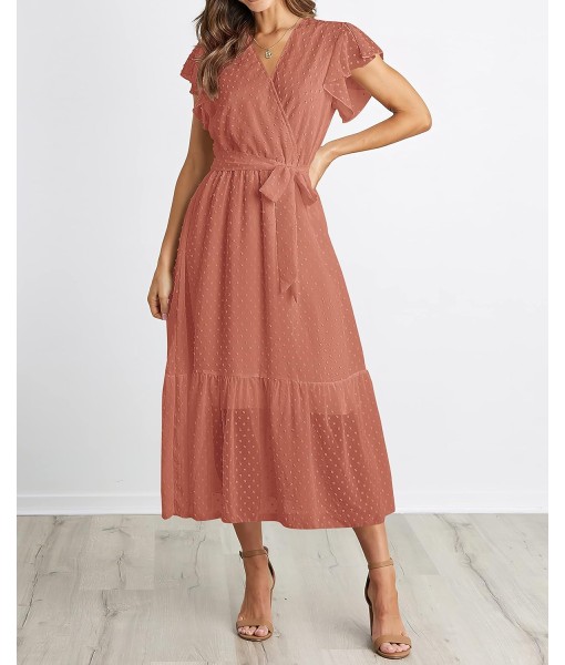 BTFBM Women Summer Bohemian Floral Casual Wrap V Neck Ruffle Cap Sleeveless Belt A-Line Pleated Hem Midi Sun Dress White