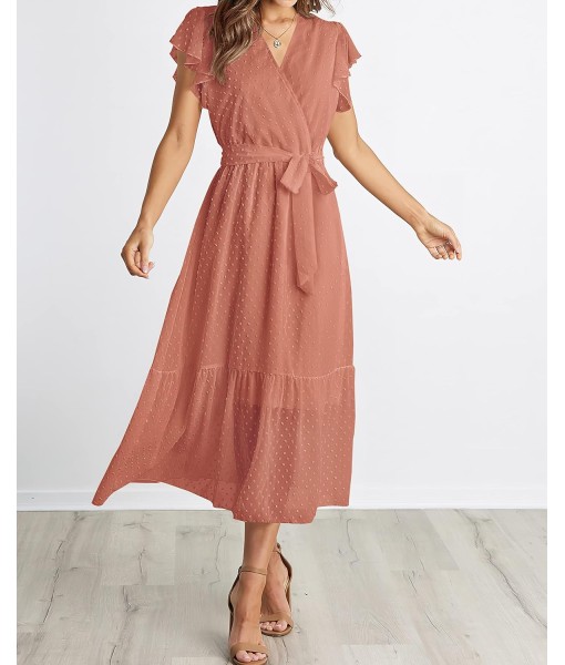 BTFBM Women Summer Bohemian Floral Casual Wrap V Neck Ruffle Cap Sleeveless Belt A-Line Pleated Hem Midi Sun Dress White