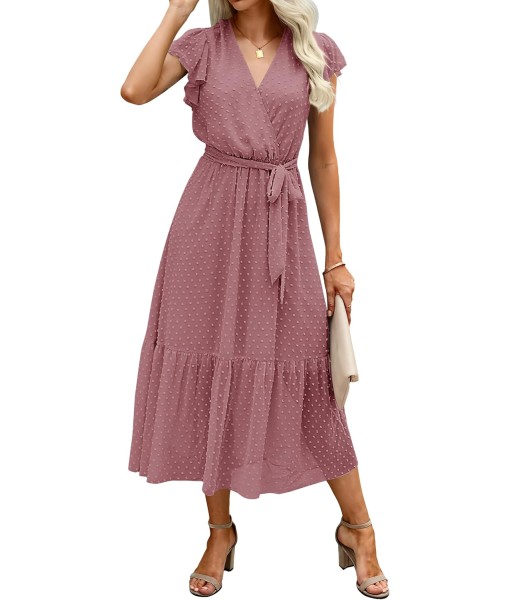 BTFBM Women Summer Bohemian Floral Casual Wrap V Neck Ruffle Cap Sleeveless Belt A-Line Pleated Hem Midi Sun Dress White