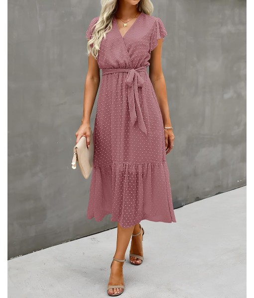 BTFBM Women Summer Bohemian Floral Casual Wrap V Neck Ruffle Cap Sleeveless Belt A-Line Pleated Hem Midi Sun Dress White