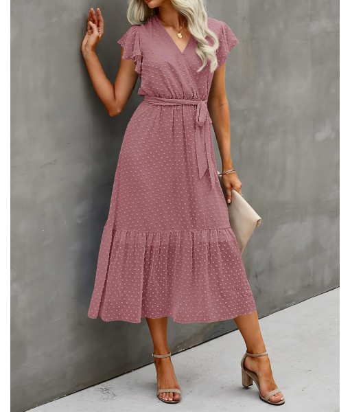 BTFBM Women Summer Bohemian Floral Casual Wrap V Neck Ruffle Cap Sleeveless Belt A-Line Pleated Hem Midi Sun Dress White