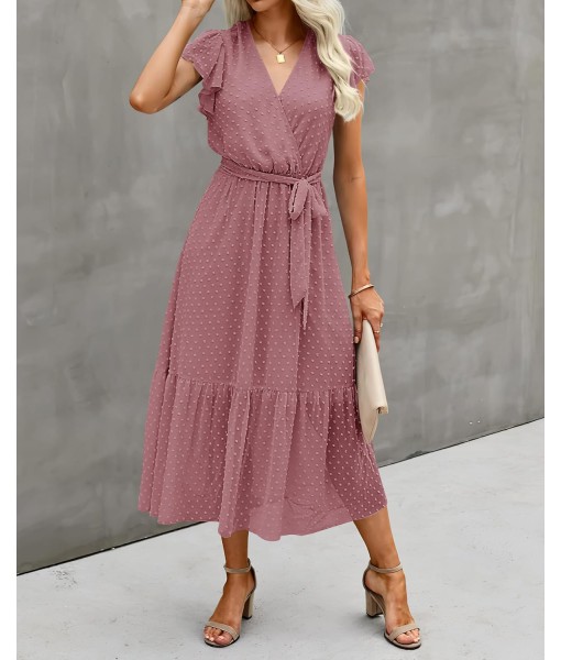 BTFBM Women Summer Bohemian Floral Casual Wrap V Neck Ruffle Cap Sleeveless Belt A-Line Pleated Hem Midi Sun Dress White