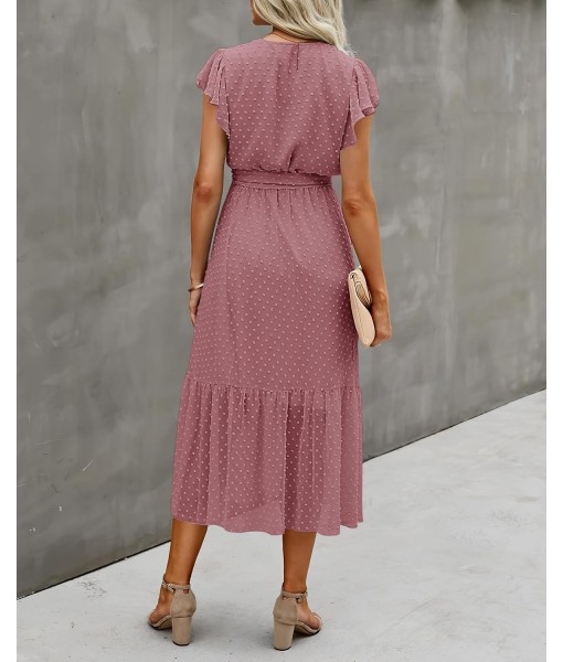 BTFBM Women Summer Bohemian Floral Casual Wrap V Neck Ruffle Cap Sleeveless Belt A-Line Pleated Hem Midi Sun Dress White