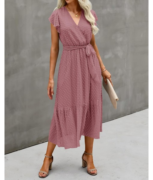BTFBM Women Summer Bohemian Floral Casual Wrap V Neck Ruffle Cap Sleeveless Belt A-Line Pleated Hem Midi Sun Dress White