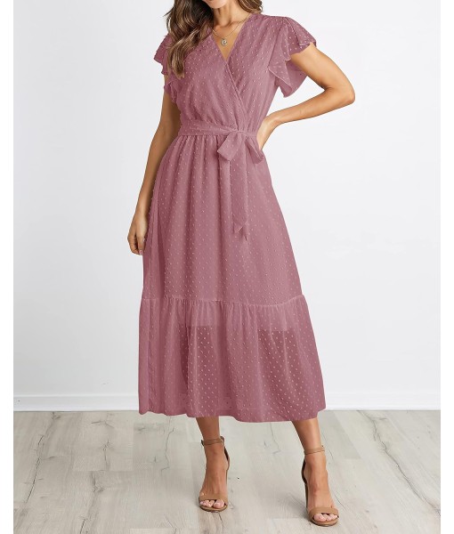 BTFBM Women Summer Bohemian Floral Casual Wrap V Neck Ruffle Cap Sleeveless Belt A-Line Pleated Hem Midi Sun Dress White