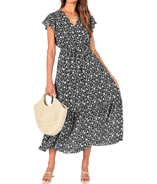 BTFBM Women Summer Bohemian Floral Casual Wrap V Neck Ruffle Cap Sleeveless Belt A-Line Pleated Hem Midi Sun Dress White