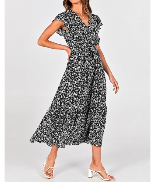 BTFBM Women Summer Bohemian Floral Casual Wrap V Neck Ruffle Cap Sleeveless Belt A-Line Pleated Hem Midi Sun Dress White