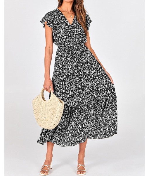 BTFBM Women Summer Bohemian Floral Casual Wrap V Neck Ruffle Cap Sleeveless Belt A-Line Pleated Hem Midi Sun Dress White