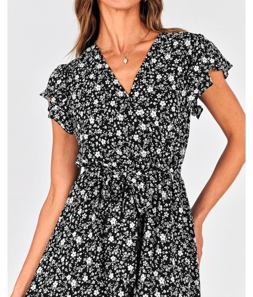 BTFBM Women Summer Bohemian Floral Casual Wrap V Neck Ruffle Cap Sleeveless Belt A-Line Pleated Hem Midi Sun Dress White