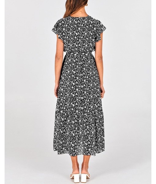 BTFBM Women Summer Bohemian Floral Casual Wrap V Neck Ruffle Cap Sleeveless Belt A-Line Pleated Hem Midi Sun Dress White