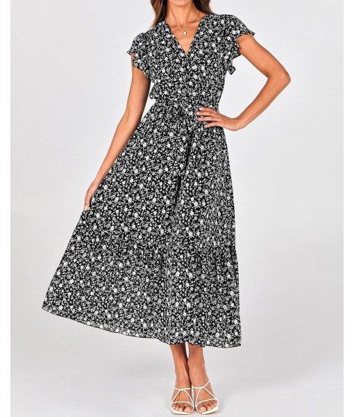 BTFBM Women Summer Bohemian Floral Casual Wrap V Neck Ruffle Cap Sleeveless Belt A-Line Pleated Hem Midi Sun Dress White