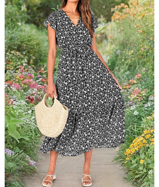 BTFBM Women Summer Bohemian Floral Casual Wrap V Neck Ruffle Cap Sleeveless Belt A-Line Pleated Hem Midi Sun Dress White