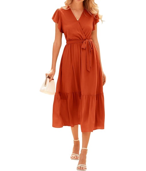 BTFBM Women Summer Bohemian Floral Casual Wrap V Neck Ruffle Cap Sleeveless Belt A-Line Pleated Hem Midi Sun Dress White