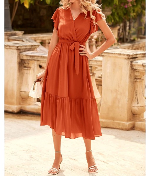 BTFBM Women Summer Bohemian Floral Casual Wrap V Neck Ruffle Cap Sleeveless Belt A-Line Pleated Hem Midi Sun Dress White