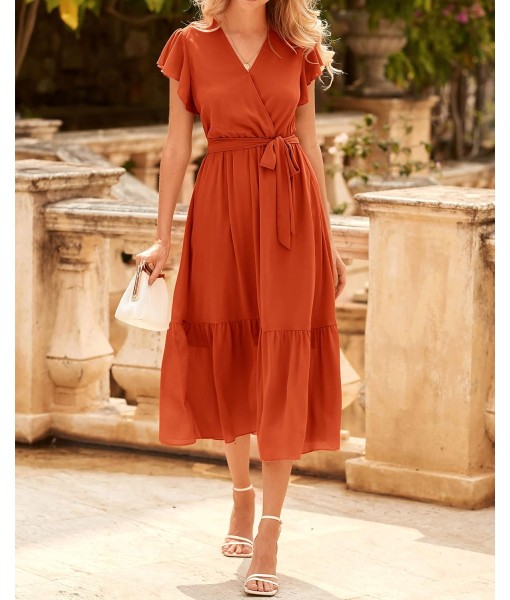BTFBM Women Summer Bohemian Floral Casual Wrap V Neck Ruffle Cap Sleeveless Belt A-Line Pleated Hem Midi Sun Dress White