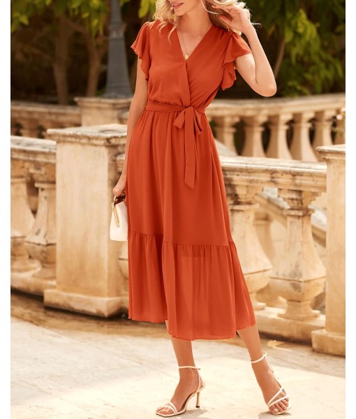 BTFBM Women Summer Bohemian Floral Casual Wrap V Neck Ruffle Cap Sleeveless Belt A-Line Pleated Hem Midi Sun Dress White
