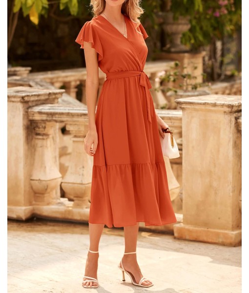 BTFBM Women Summer Bohemian Floral Casual Wrap V Neck Ruffle Cap Sleeveless Belt A-Line Pleated Hem Midi Sun Dress White